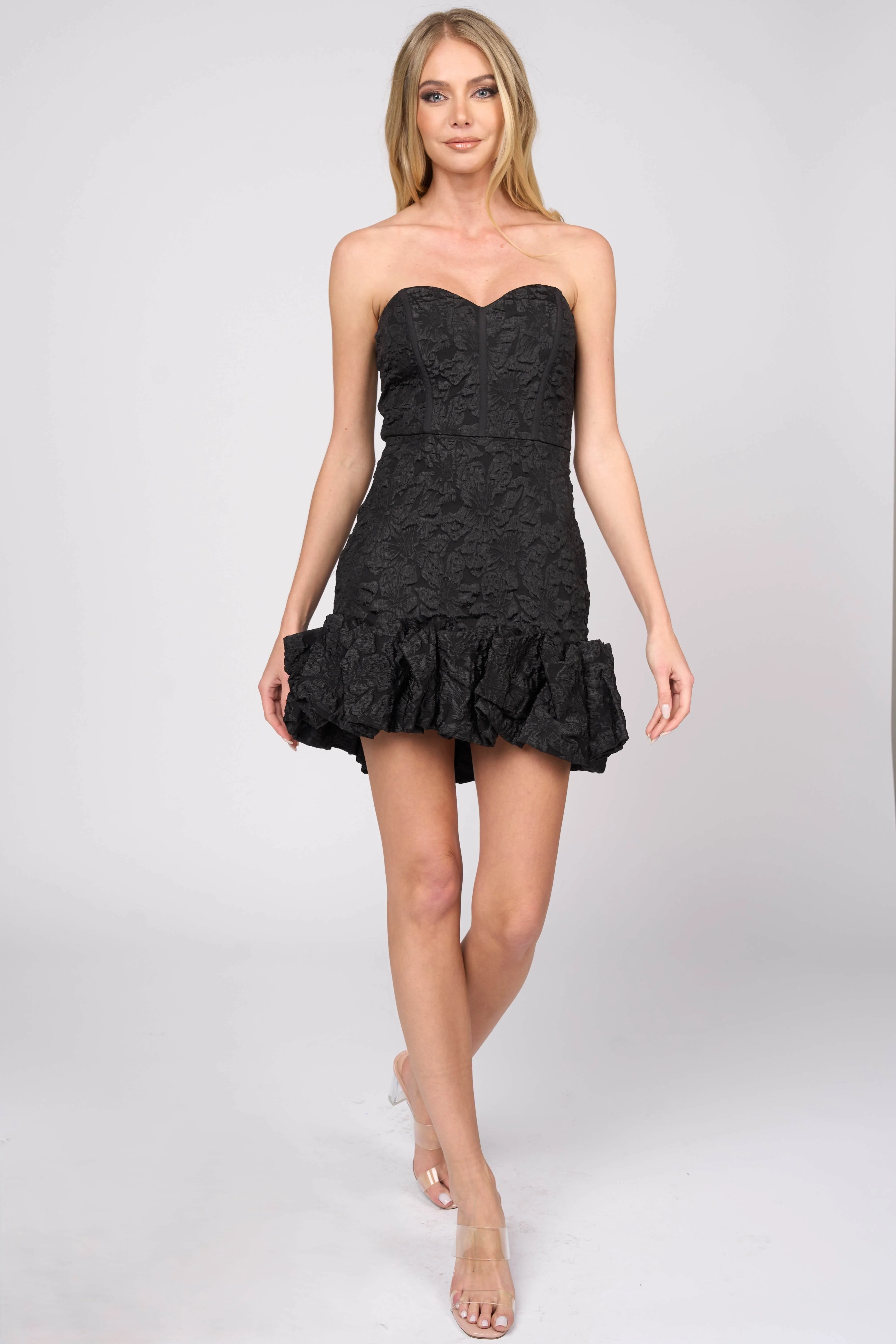 LUX STRETCH JACQUARD SWEETHEART RUFFLED MINI DRESS sold by privy product image thumbnail 4