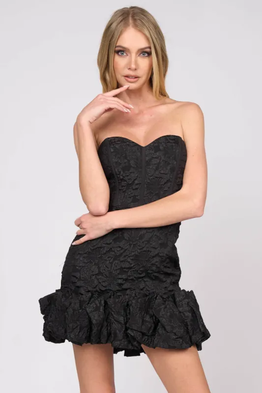 LUX STRETCH JACQUARD SWEETHEART RUFFLED MINI DRESS sold by privy