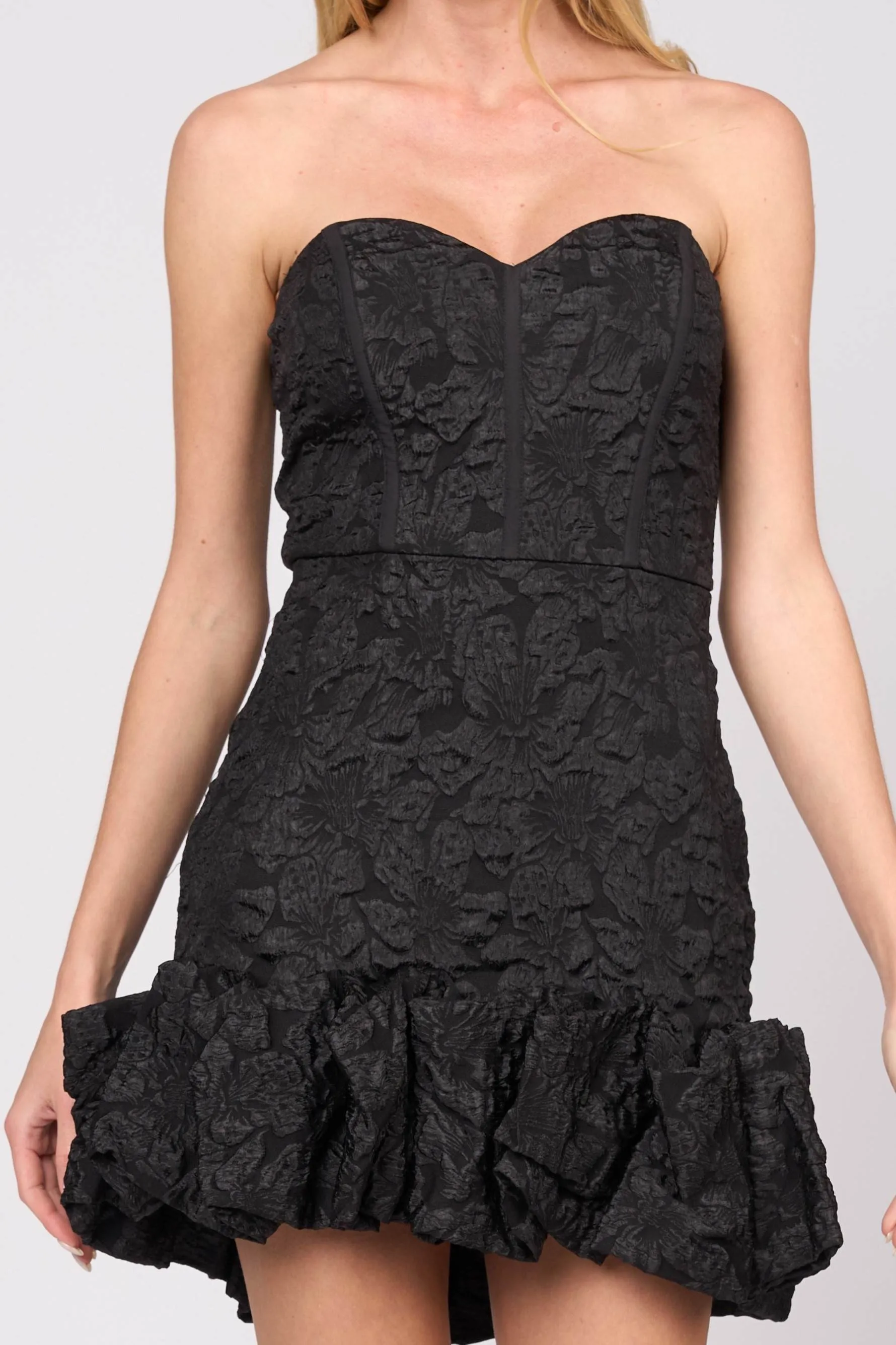 LUX STRETCH JACQUARD SWEETHEART RUFFLED MINI DRESS sold by privy product image thumbnail 5