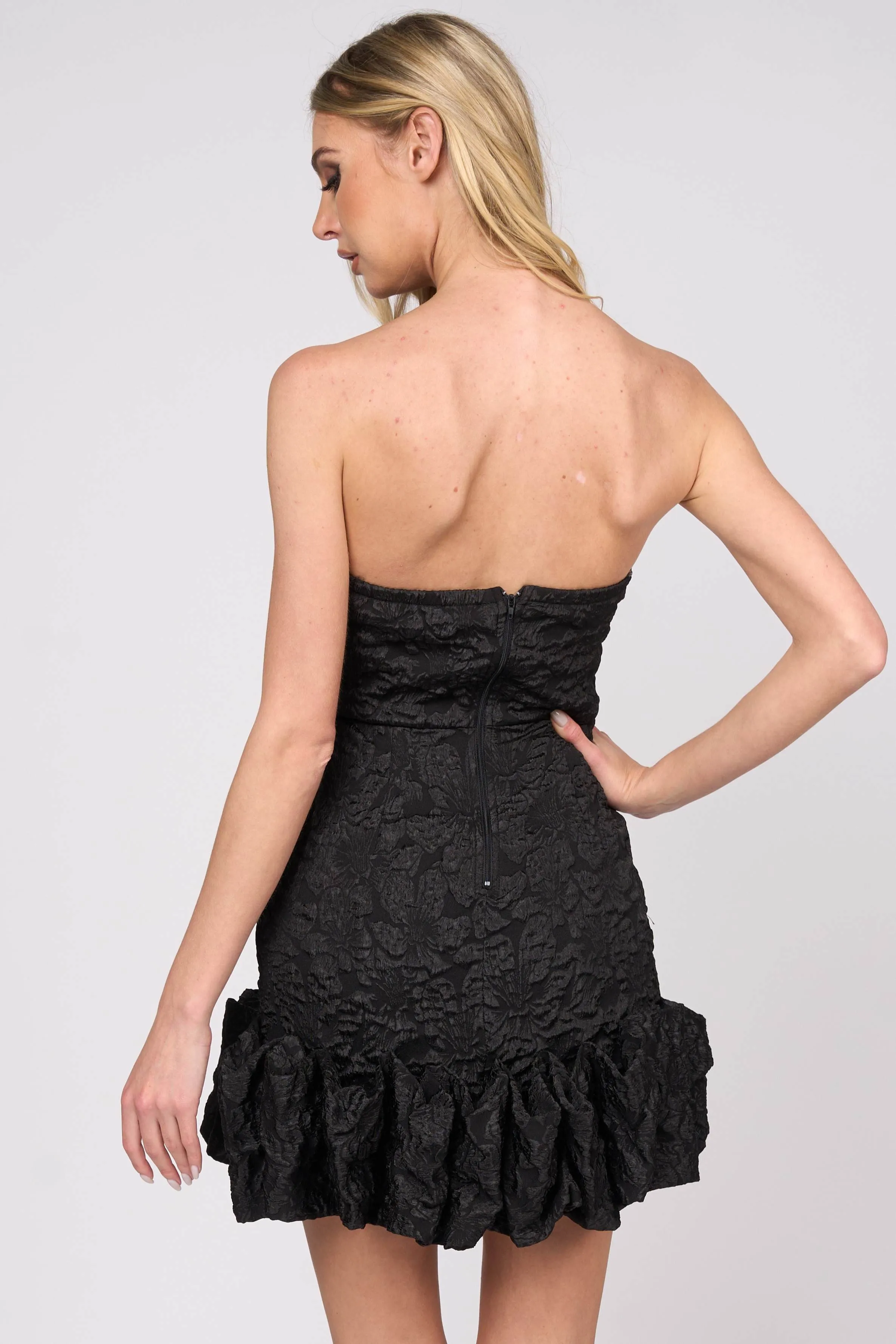 LUX STRETCH JACQUARD SWEETHEART RUFFLED MINI DRESS sold by privy product image thumbnail 3