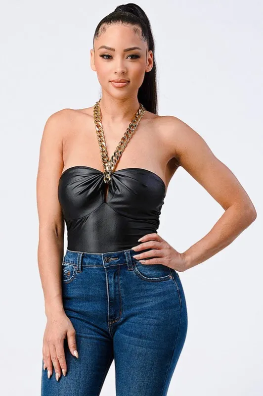 STRETCH PU BOLD GOLD CHAIN NACKLACE TRIM BODYSUIT sold by privy