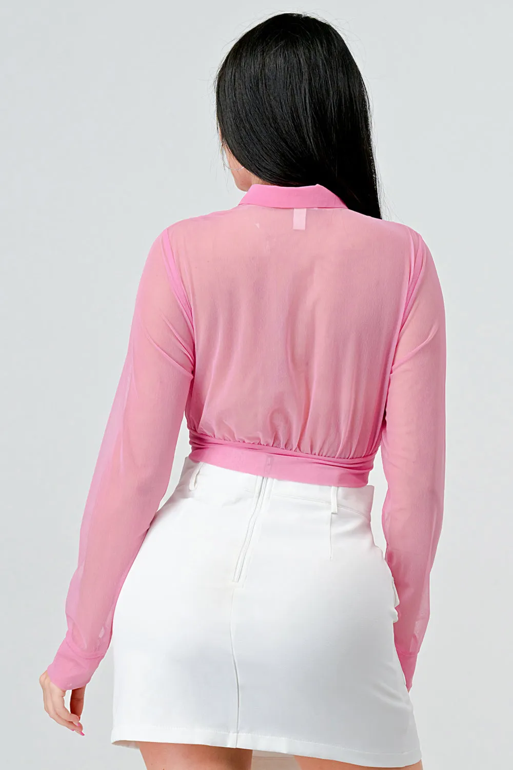 PT43480K-W / SHEER MESH COLLARED OPEN FRONT TIE LONG SLEEVE TOP sold by privy product image thumbnail 3