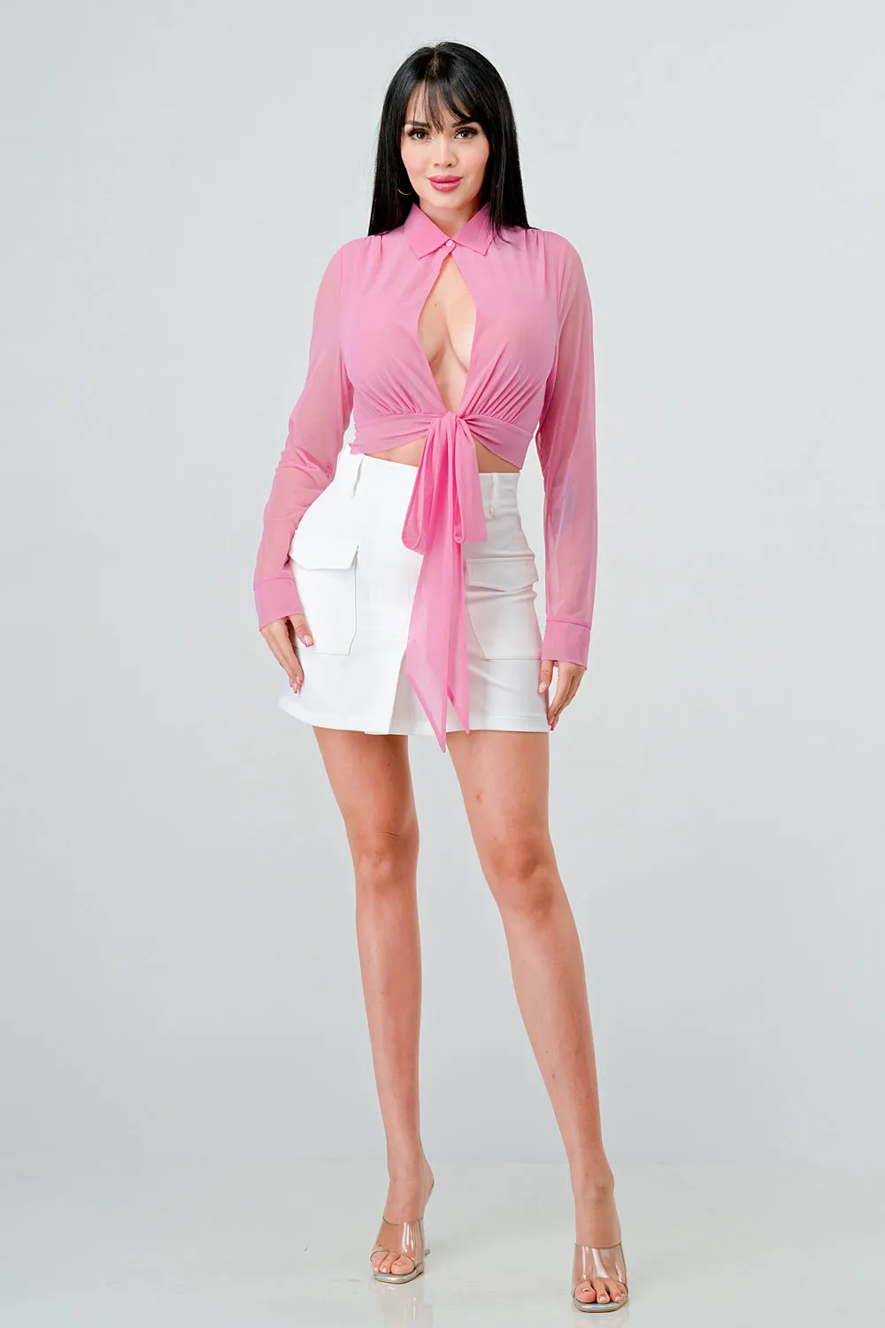 PT43480K-W / SHEER MESH COLLARED OPEN FRONT TIE LONG SLEEVE TOP sold by privy product image thumbnail 4