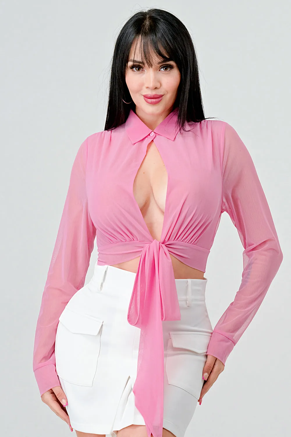 PT43480K-W / SHEER MESH COLLARED OPEN FRONT TIE LONG SLEEVE TOP sold by privy
