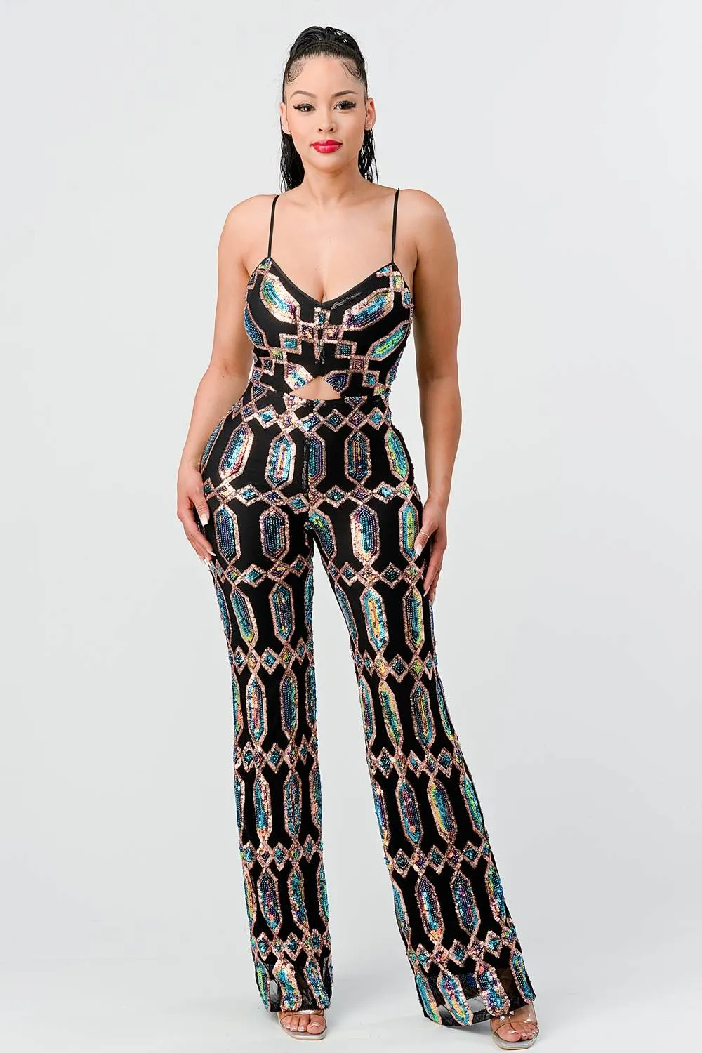 LUX UNIQUE PATTERN SEQUINS BODYCON JUMPSUIT sold by privy