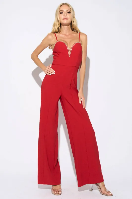 LUXE RHINESTONE TRIM SWEETHEART WIDE LEGS JUMPSUIT sold by privy