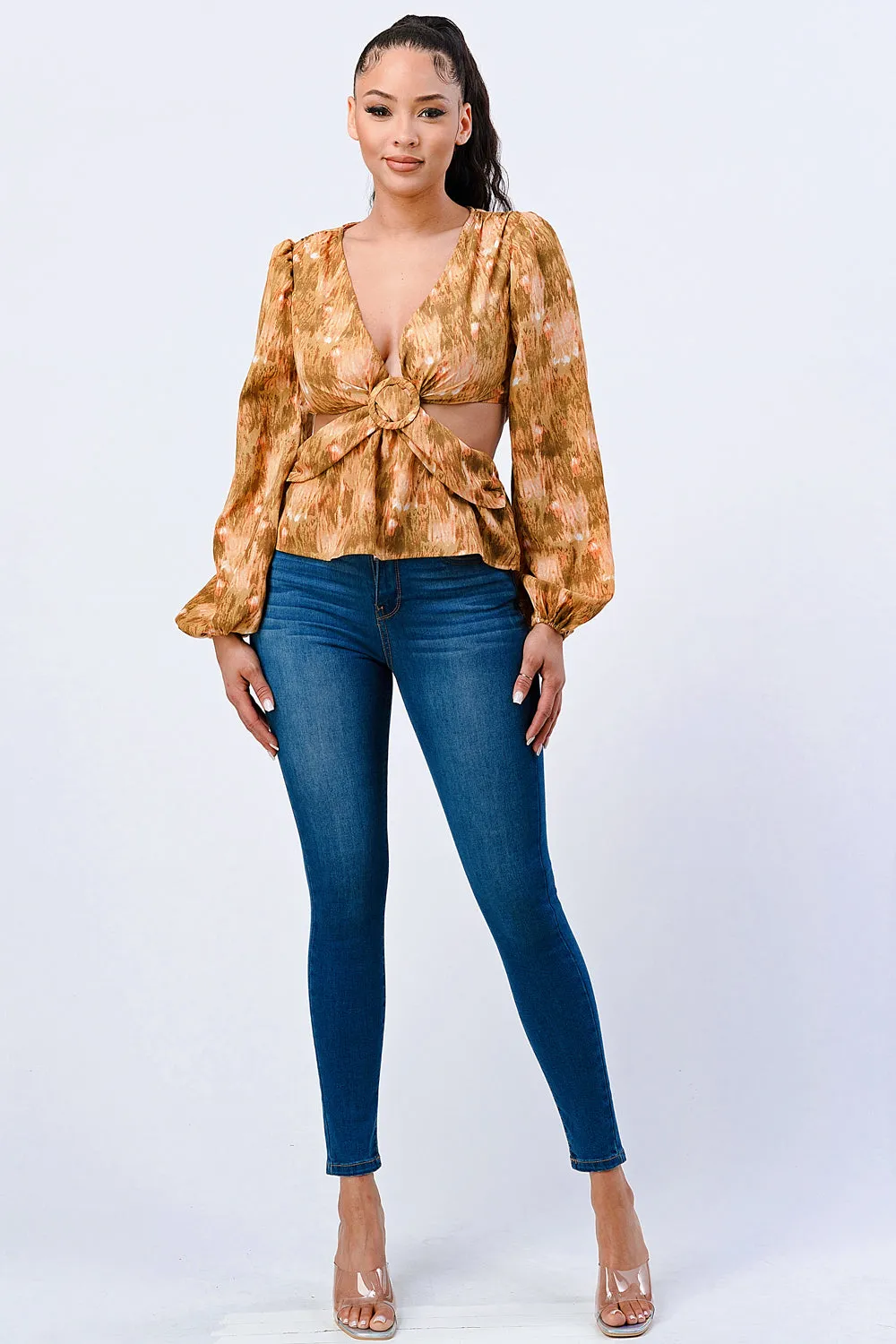 PRINT V-NECK SIDE RUFFLED CUT PUFF SLEEVES TOP sold by privy product image thumbnail 4