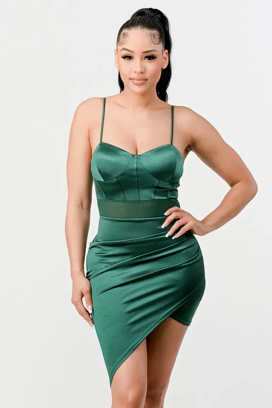 LUX HEAVY STRETCH SATIN MESH WRAPPED MINI DRESS sold by privy