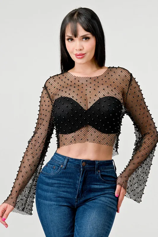 SEXY STUDDED PEARL FISHNET BELL SLEEVES CROP TOP sold by privy