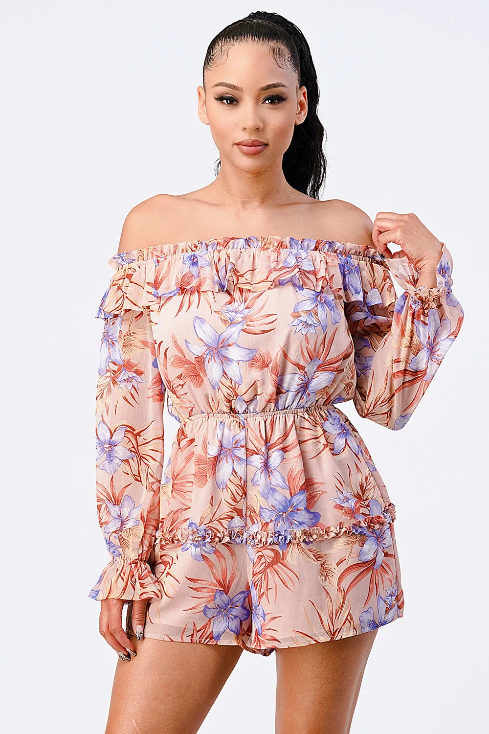 PJ10434K-W / FLORAL CHIFFON WAIST BAND RUFFLED ROMPER sold by privy product image thumbnail 2