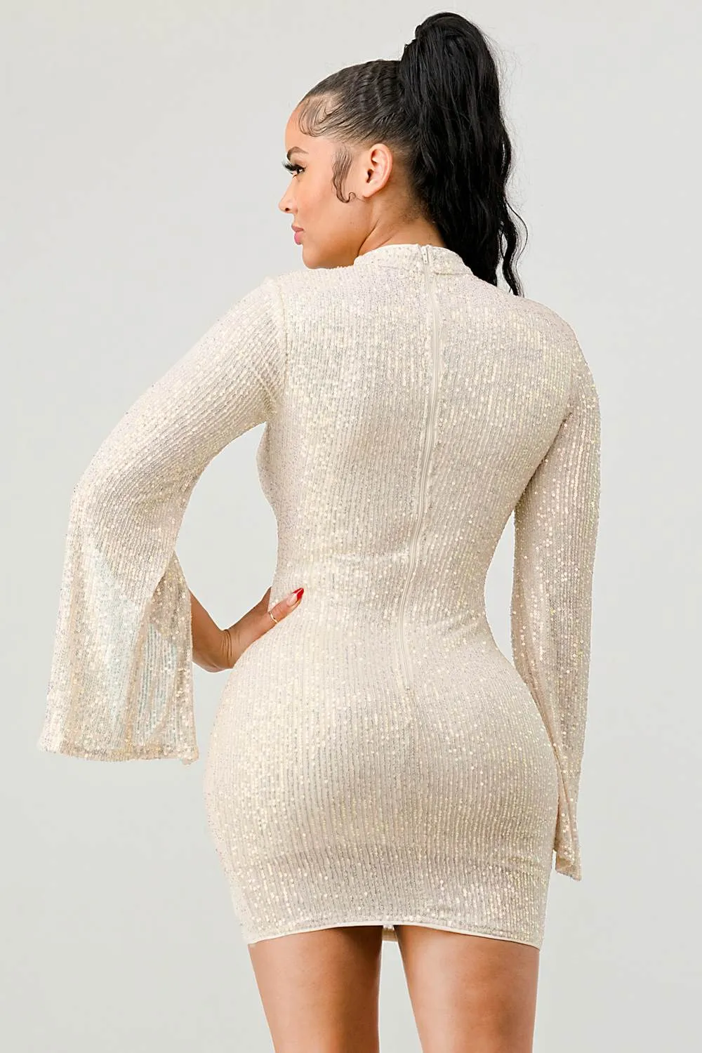 SEXY SEQUINS CAPE FLARE SLEEVED CUT-OUT MINI DRESS sold by privy product image thumbnail 4