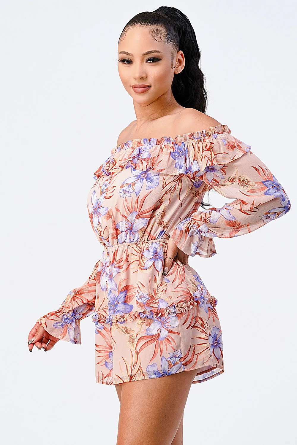 PJ10434K-W / FLORAL CHIFFON WAIST BAND RUFFLED ROMPER sold by privy product image thumbnail 3