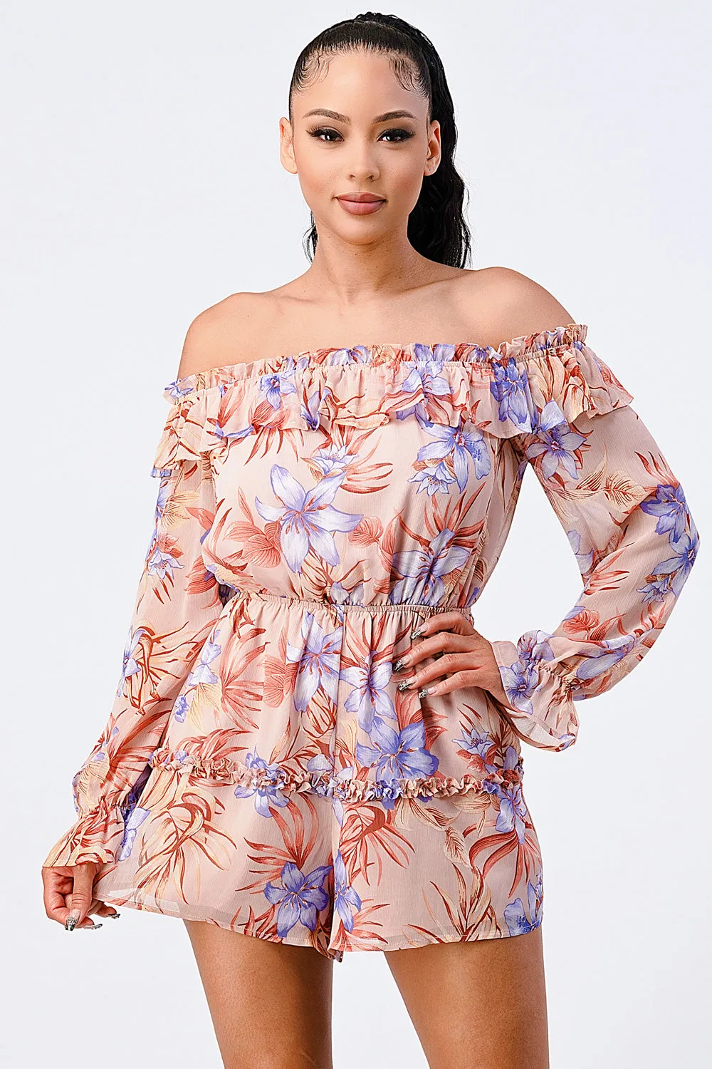 PJ10434K-W / FLORAL CHIFFON WAIST BAND RUFFLED ROMPER sold by privy