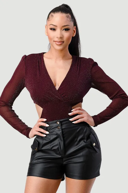 METALLIC LUREX GLITTER DEEP V-NECK BODYSUIT sold by privy