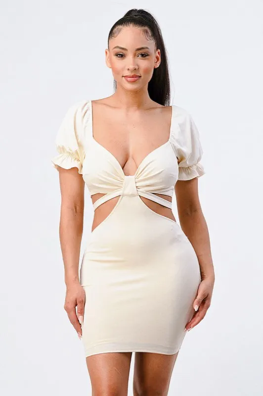 LUX SIDE CUTOUTS WITH BACK TIE DETAIL BODYCON MINI DRESS sold by privy