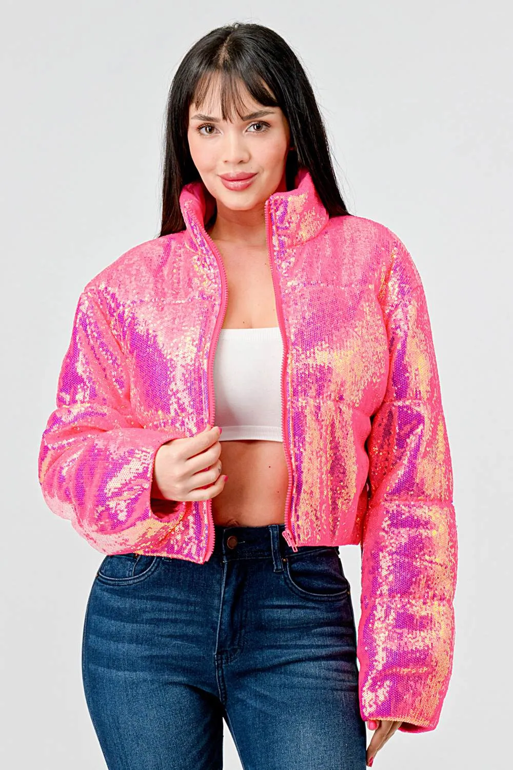 SEXY NEON SEQUINS PUFFER OVERSZIED BOMBER JACKET sold by privy