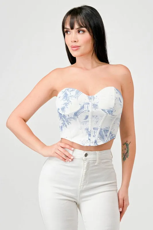 VINTAGE PRINT MESH SWEETHEART CONTRAST BUSTIER TOP sold by privy