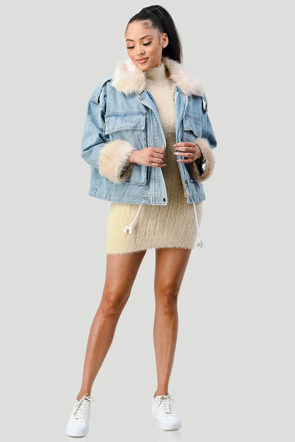 COZY FAUX FUR DRAWSTRING ADJUSTABLE DENIM JACKET sold by privy product image thumbnail 5