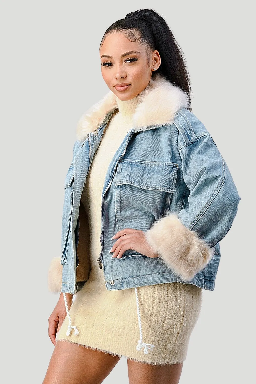 COZY FAUX FUR DRAWSTRING ADJUSTABLE DENIM JACKET sold by privy product image thumbnail 2