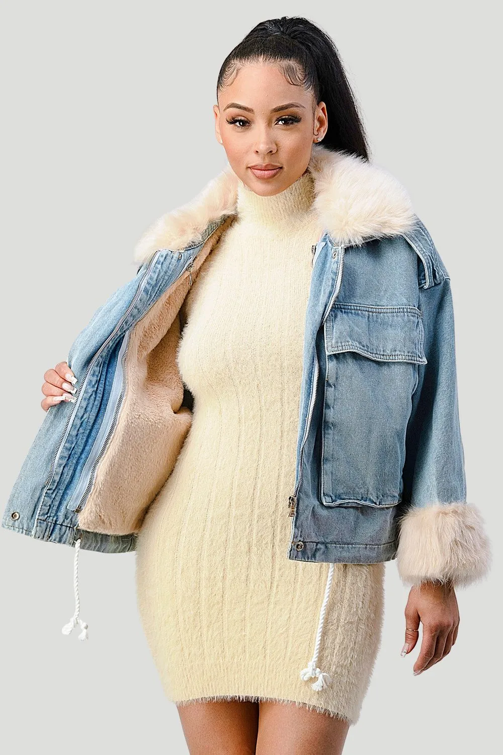 COZY FAUX FUR DRAWSTRING ADJUSTABLE DENIM JACKET sold by privy product image thumbnail 3