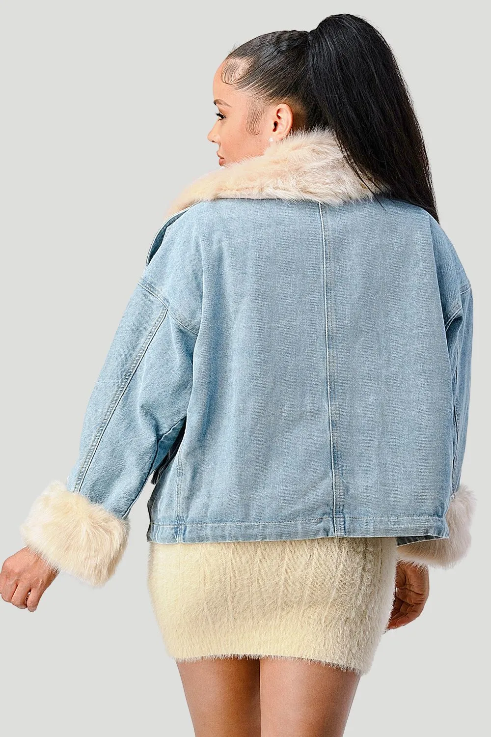 COZY FAUX FUR DRAWSTRING ADJUSTABLE DENIM JACKET sold by privy product image thumbnail 4