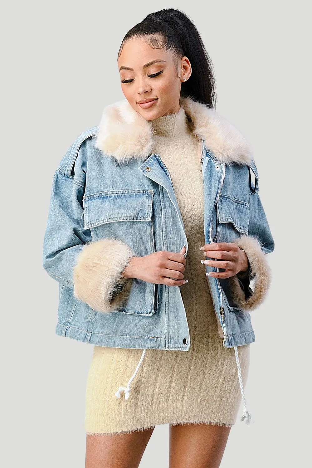 COZY FAUX FUR DRAWSTRING ADJUSTABLE DENIM JACKET sold by privy