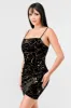 LUXE VELVET GOLD FOILED PRINT TWLIP HEM MINI DRESS sold by privy