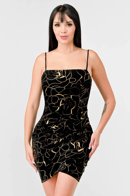 LUXE VELVET GOLD FOILED PRINT TWLIP HEM MINI DRESS sold by privy