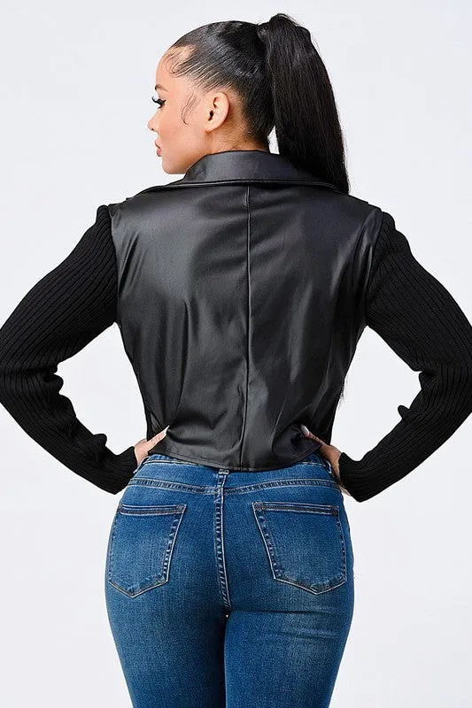 SEXY FAUX LEATHER N RIBBED COMBO BIKER JACKET sold by privy product image thumbnail 3