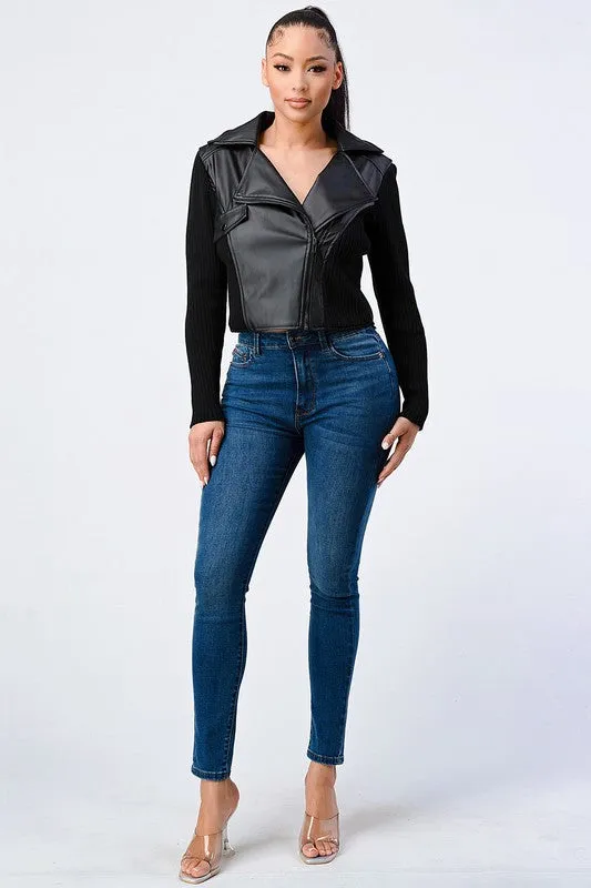 SEXY FAUX LEATHER N RIBBED COMBO BIKER JACKET sold by privy product image thumbnail 4