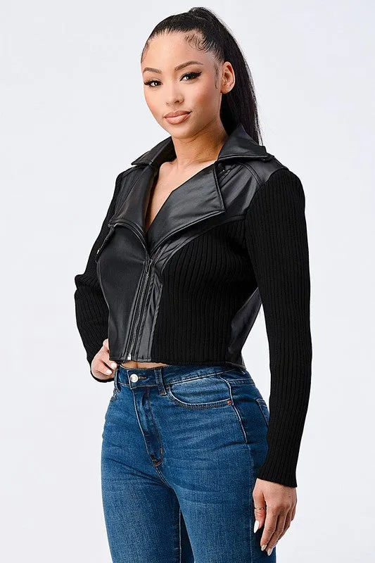 SEXY FAUX LEATHER N RIBBED COMBO BIKER JACKET sold by privy product image thumbnail 2