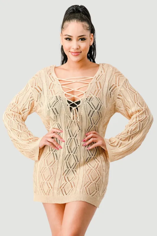 CHIC CROCHET SEE-THRU DRAWSTRING MINI DRESS sold by privy