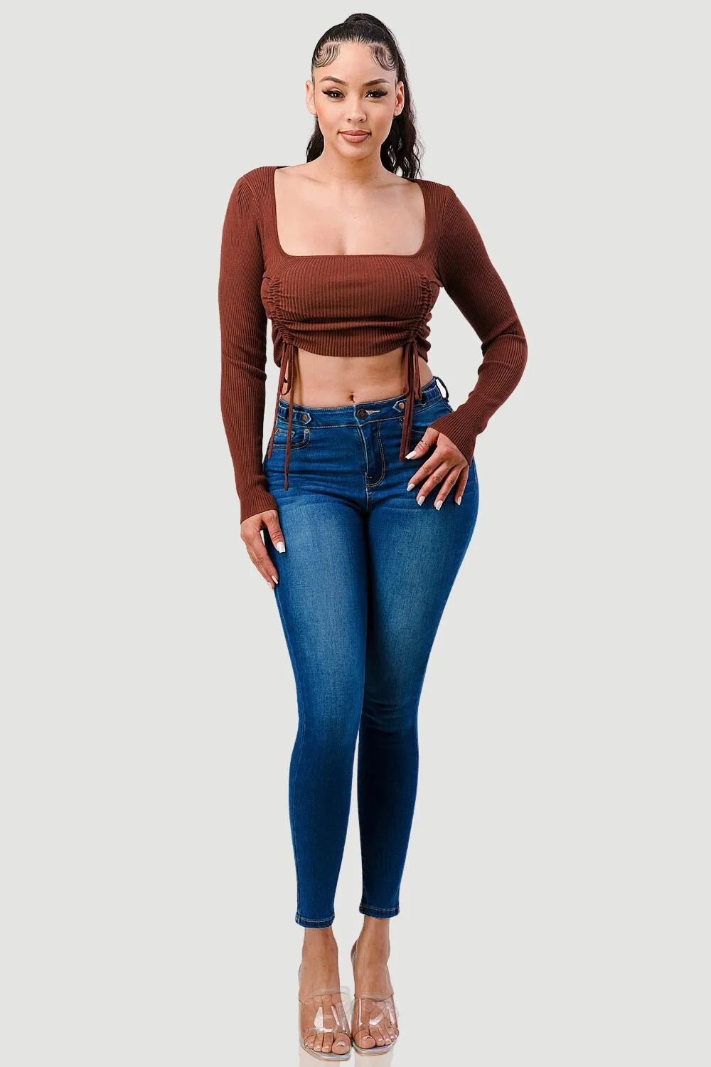 TRENDY DOUBLE SHIRRING DETAIL LONG SLEEVE KNIT TOP sold by privy product image thumbnail 4