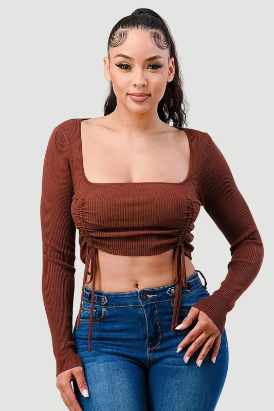 TRENDY DOUBLE SHIRRING DETAIL LONG SLEEVE KNIT TOP sold by privy