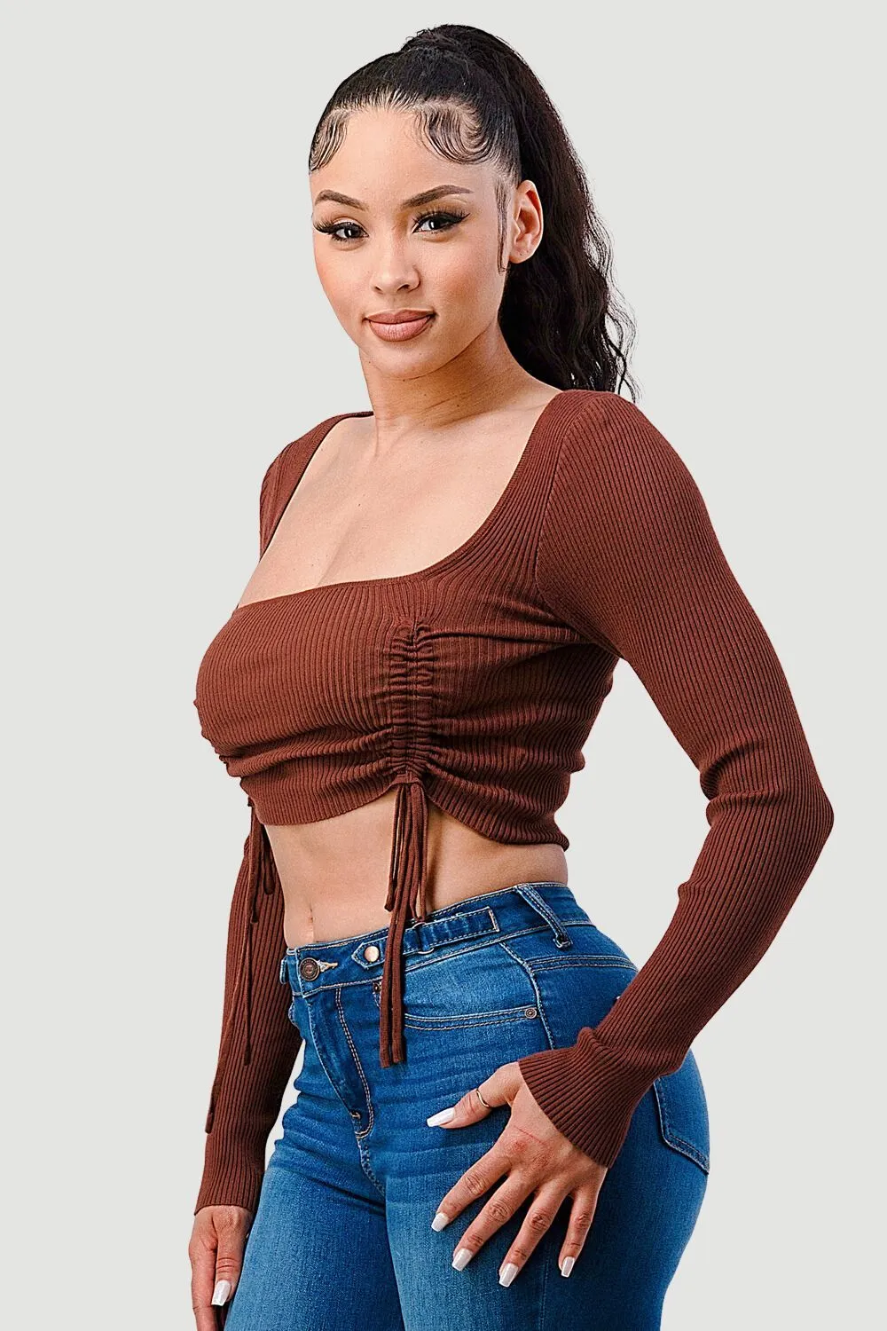 TRENDY DOUBLE SHIRRING DETAIL LONG SLEEVE KNIT TOP sold by privy product image thumbnail 2