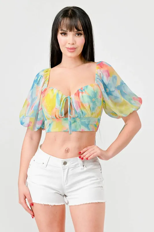 TIE DYE PRINT CHIFFON SWEETHEART BOW TIE CROP TOP sold by privy