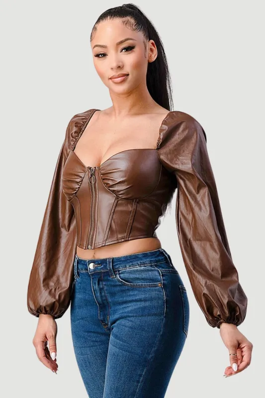LUX FAUX LEATHER SWEETHEART LONG SLEEVED BUSTIER TOP sold by privy