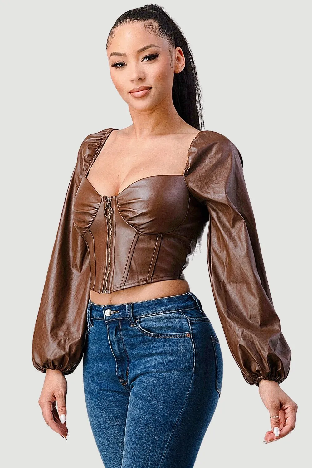 LUX FAUX LEATHER SWEETHEART LONG SLEEVED BUSTIER TOP sold by privy