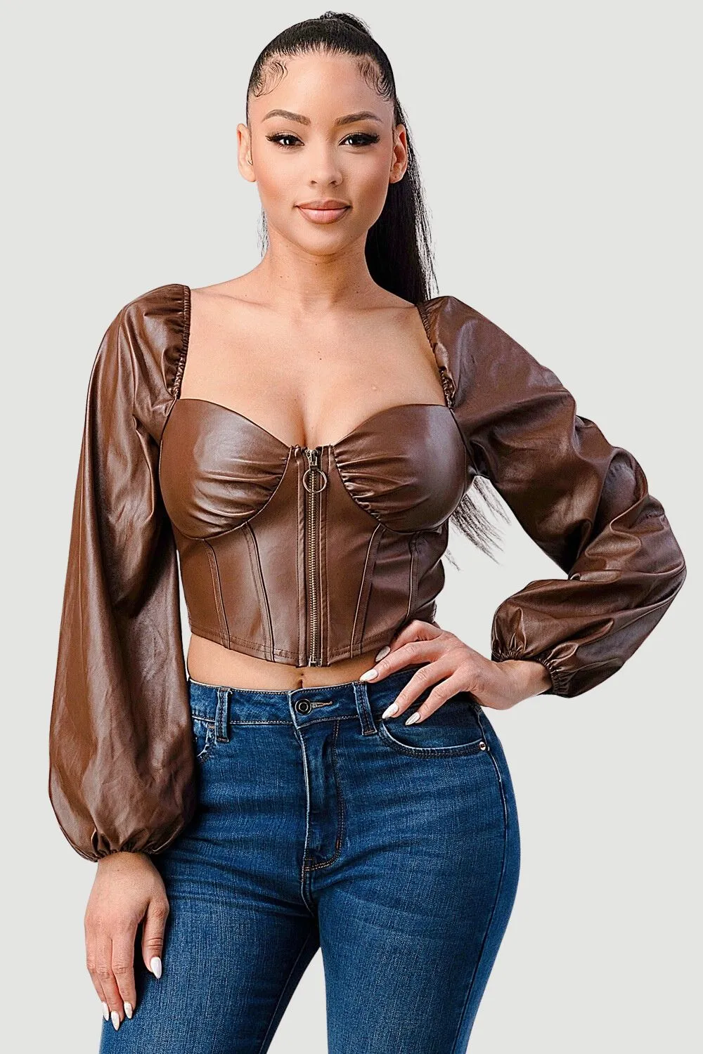 LUX FAUX LEATHER SWEETHEART LONG SLEEVED BUSTIER TOP sold by privy product image thumbnail 2