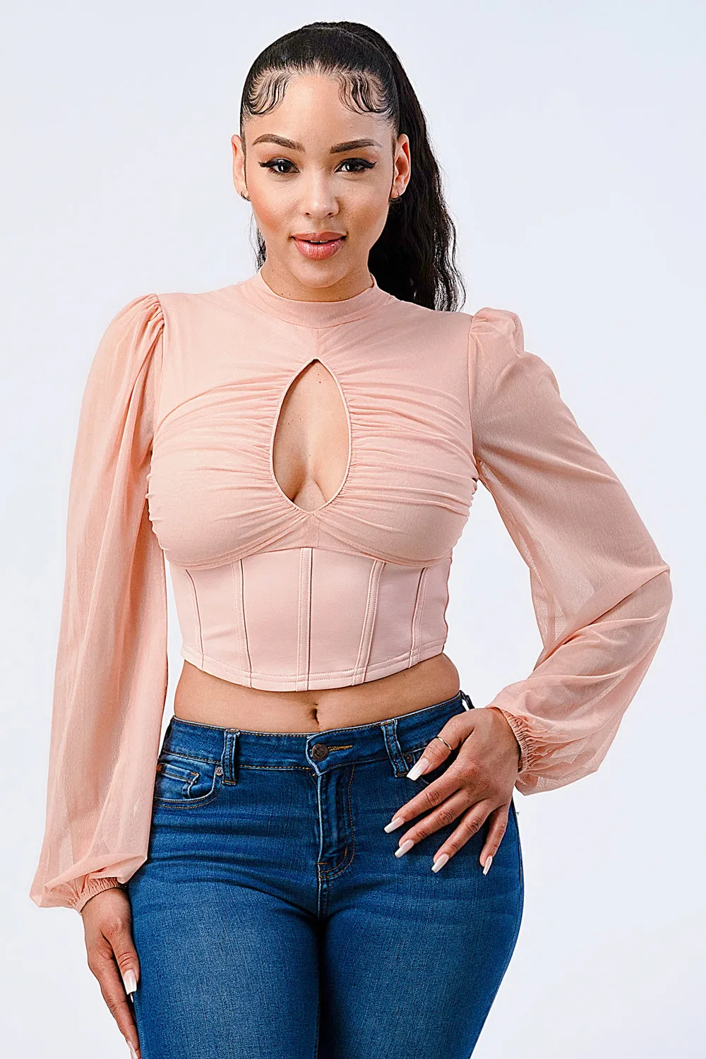 LUX MESH CUTOUT CONTRAST EMPIRE BLOUSE TOP sold by privy
