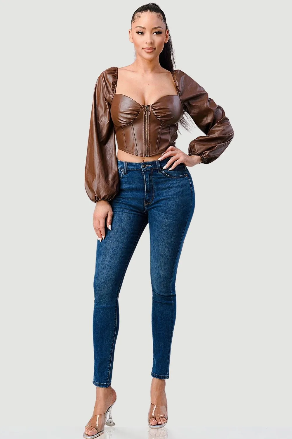 LUX FAUX LEATHER SWEETHEART LONG SLEEVED BUSTIER TOP sold by privy product image thumbnail 3