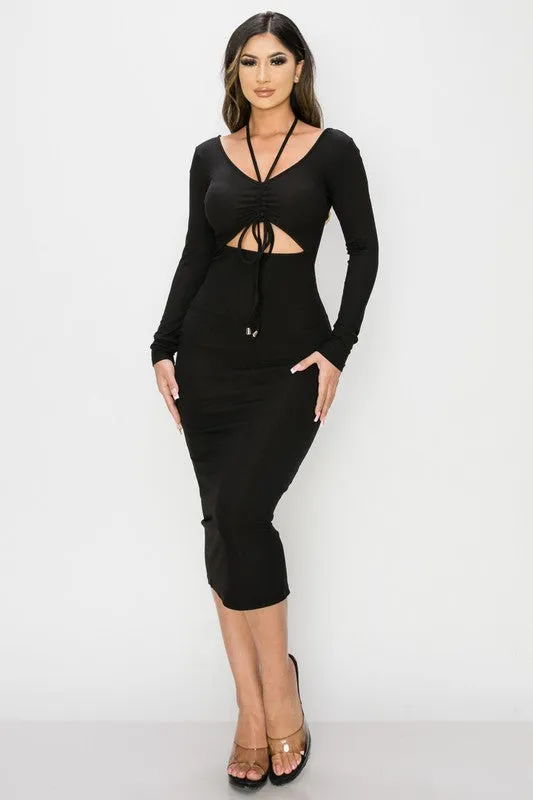 PD71637B-W / TRENDY FRONT SHIRRING CUT-OUT LONG SLEEVED DRESS sold by privy product image thumbnail 4