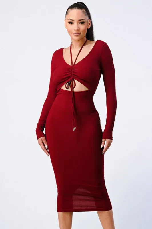 PD71637B-W / TRENDY FRONT SHIRRING CUT-OUT LONG SLEEVED DRESS sold by privy