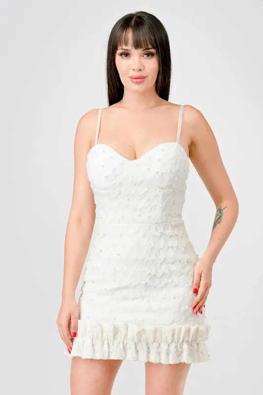 LUXE STRETCH TEXTURED PEARLS RUFFLE HEM MINI DRESS sold by privy