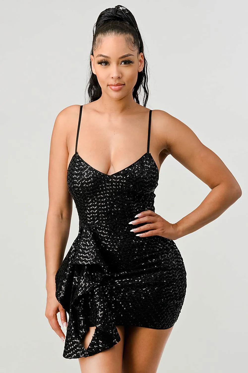 LUX SEQUINS RUFFLED DRAPED BODYCON MINI DRESS sold by privy