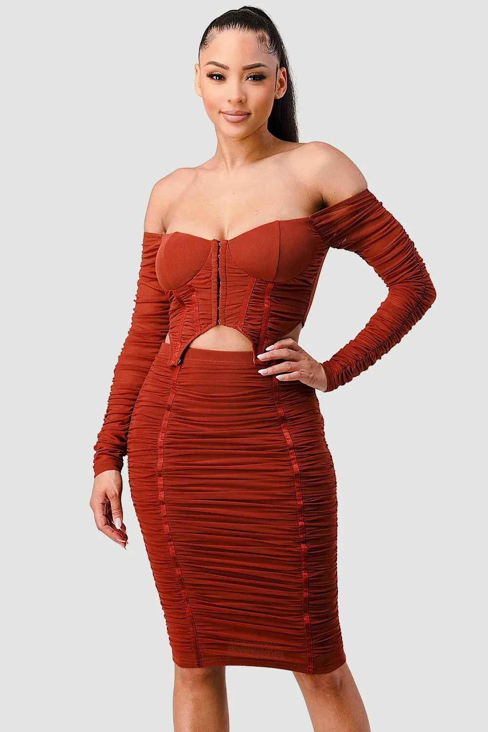 LUX MESH OFF SHOULDER CORSET & RUCHED SKIRT SET sold by privy product image thumbnail 2