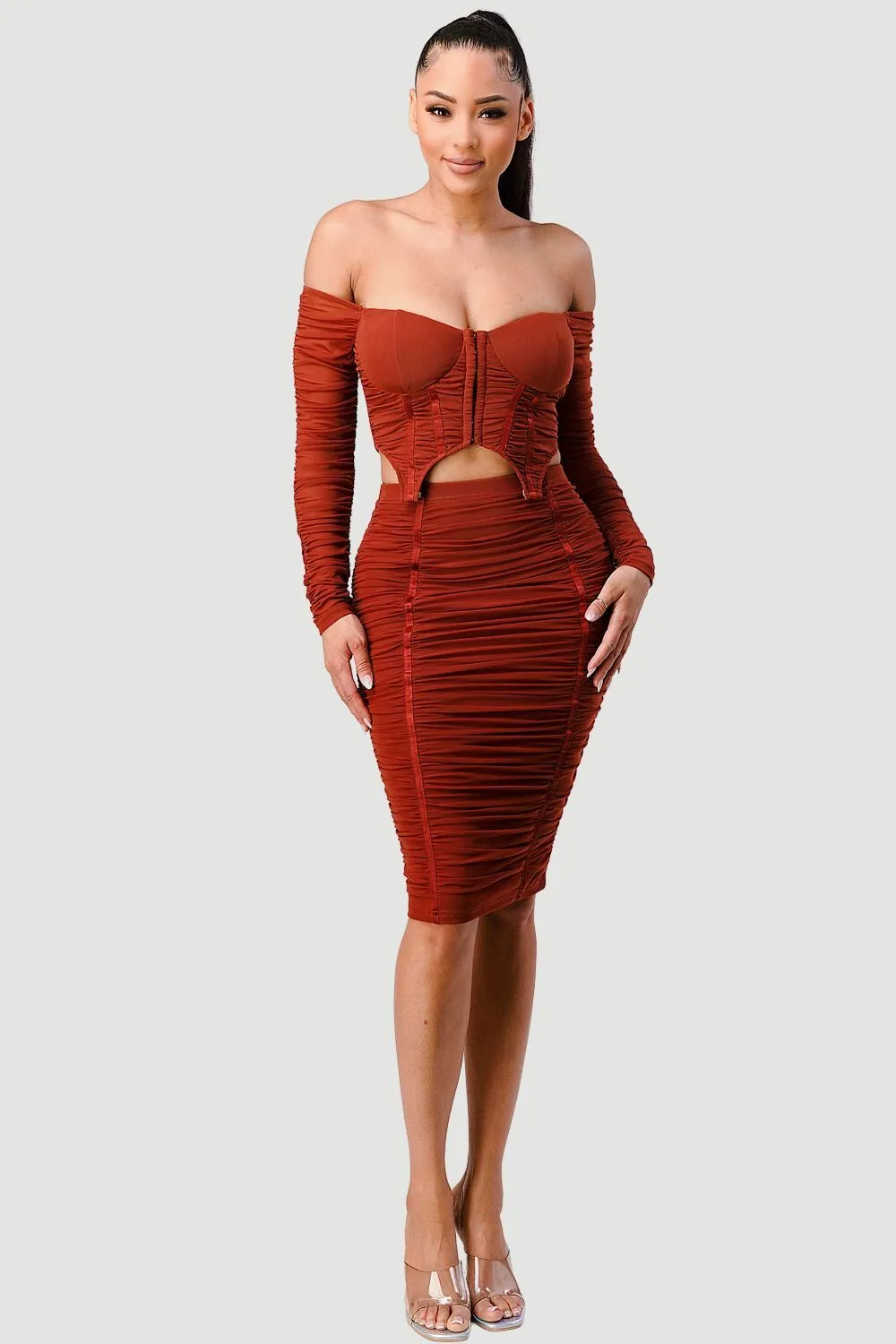 LUX MESH OFF SHOULDER CORSET & RUCHED SKIRT SET sold by privy product image thumbnail 4