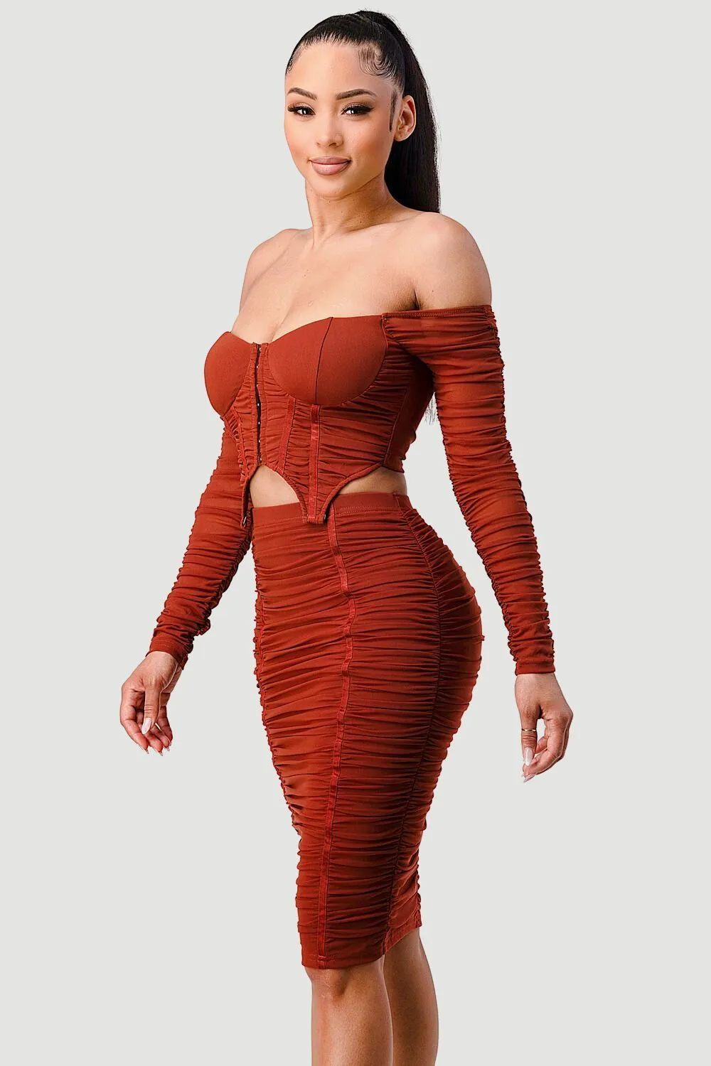 LUX MESH OFF SHOULDER CORSET & RUCHED SKIRT SET sold by privy