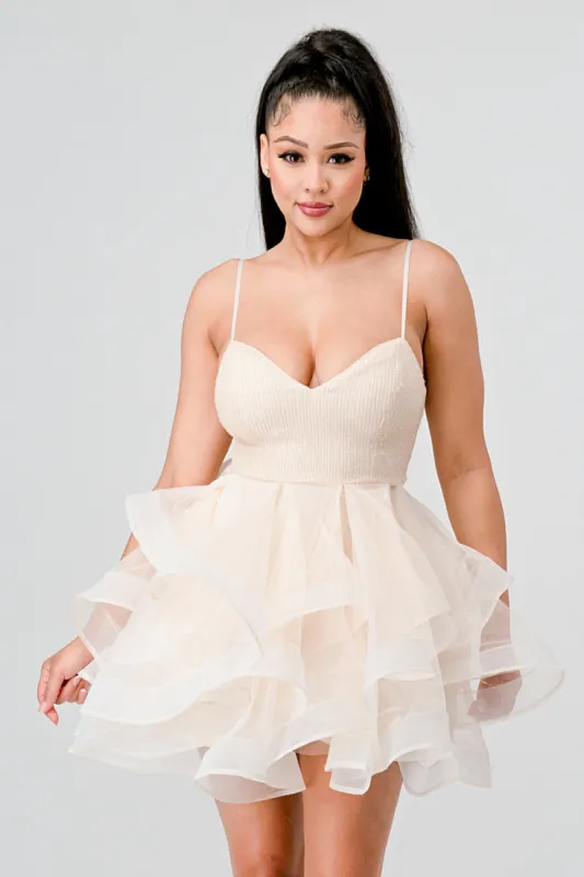 SEQUINS AND TULLE SWEETHEART RUFFLED MINI DRESS sold by privy