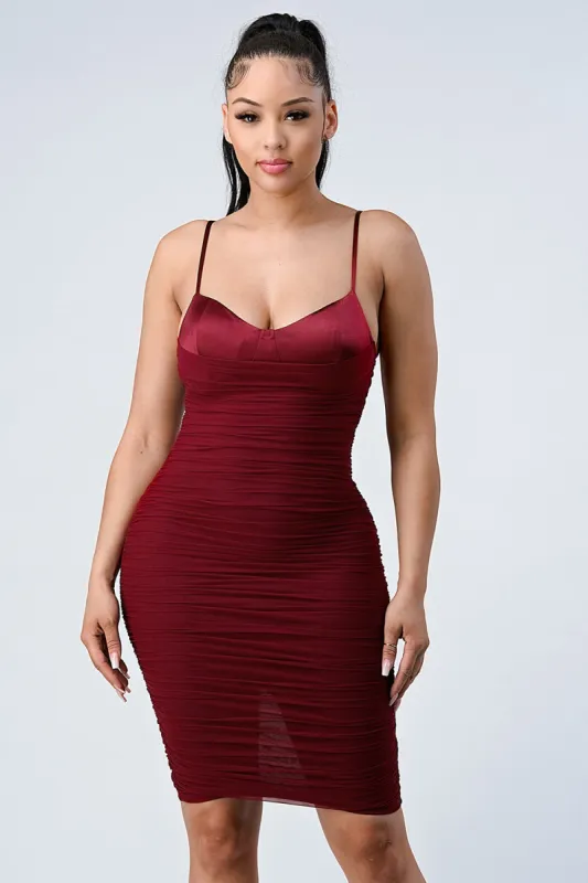 LUX SATIN MESH RUCHED BODYCON MINI DRESS sold by privy